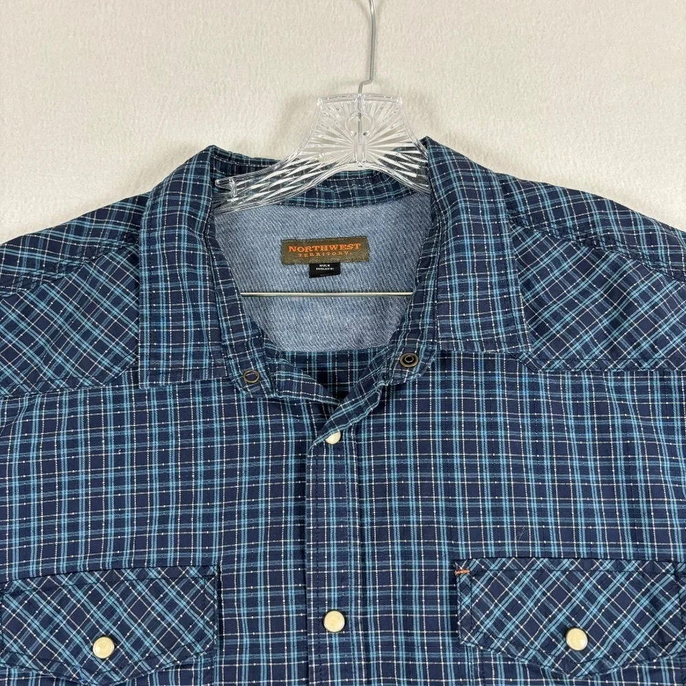 Northwest Territory Shirt Men 2XLT Blue Plaid Pearl Snap Outdoors Casual/Dress